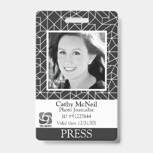 Custom Geometric Reporter Photographer BW Press ID Badge
