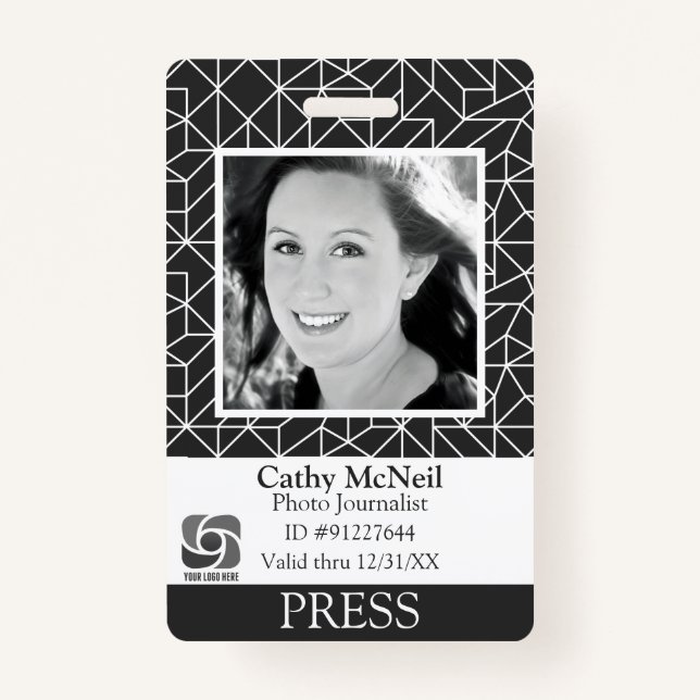 Custom Geometric Reporter Photographer BW Press ID ID Badge (Front)