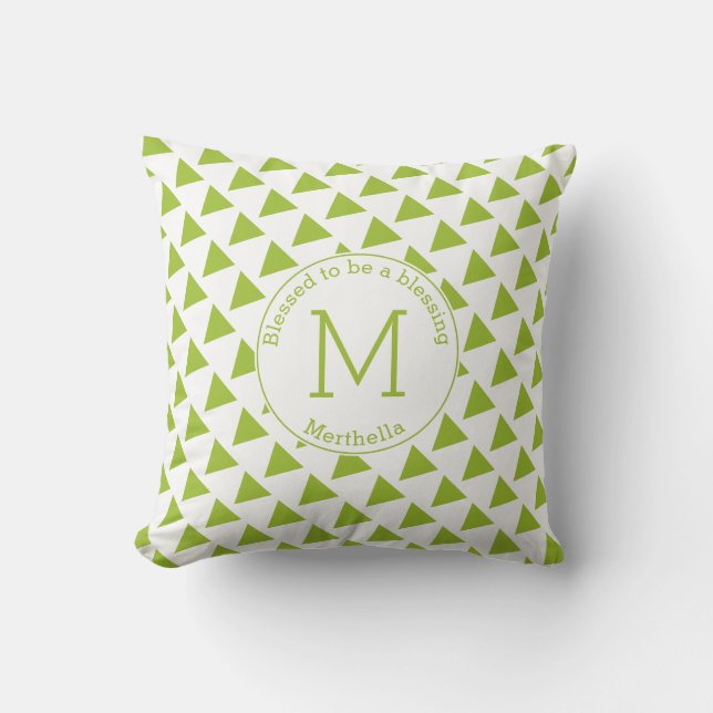 Custom Geometric Triangles Monogram Lime Green Cushion (Front)
