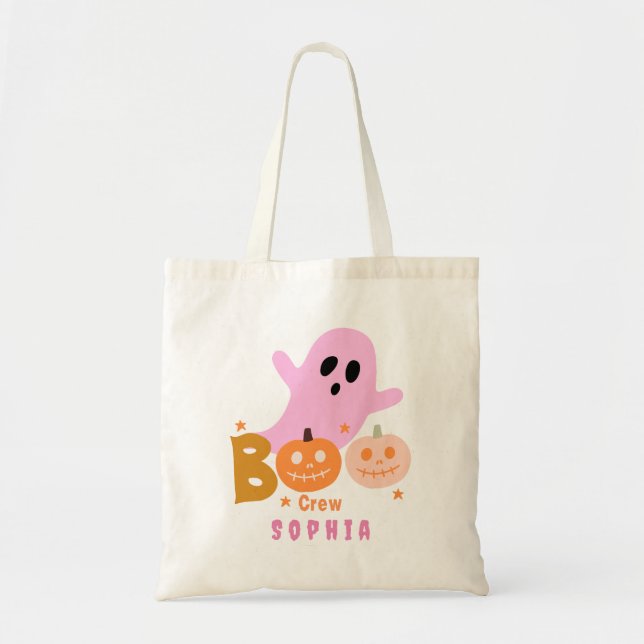Custom Ghost Trick-or-Treat Pink Boo Halloween Tote Bag (Front)