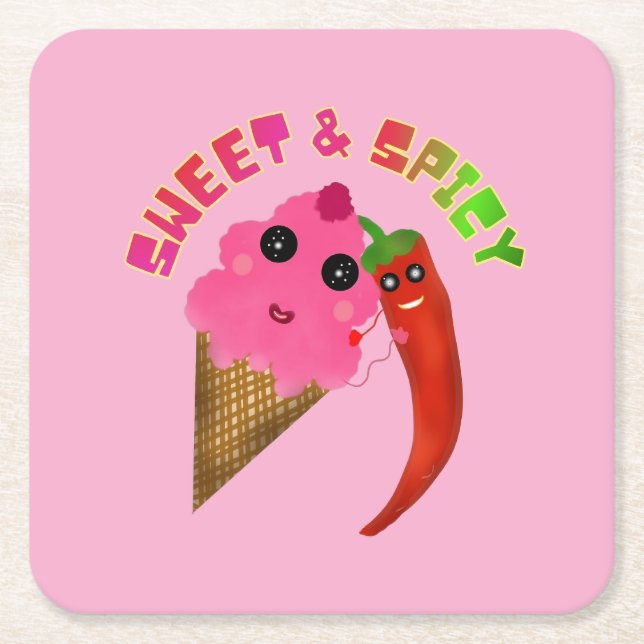 Custom gift Cute Ice Cream and Chilli Pepper  Square Paper Coaster (Front)