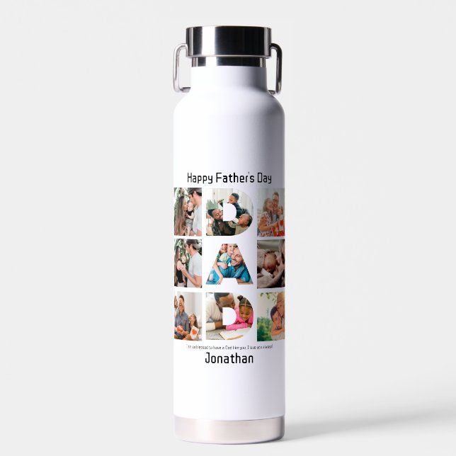 Custom Gift for Dad Fathers Day 9 Photo Collage Water Bottle (Front)