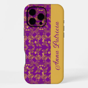 Custom Gift Royal Purple Gold Baroque Floral Name iPhone 16 Pro Max Case