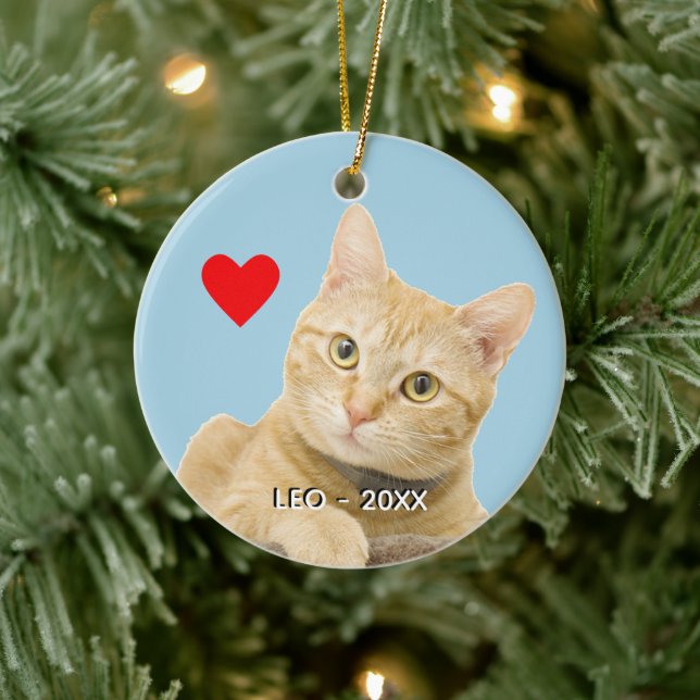Custom Ginger Tabby Cat Photo on Light Blue Ceramic Ornament (Tree)