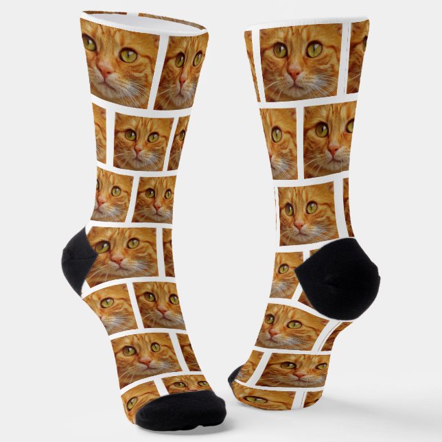 Custom Ginger Tabby Cat Photo on White Crew Socks (Angled)