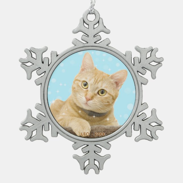 Custom Ginger Tabby Cat Photo Snowflake Pewter Christmas Ornament (Front)