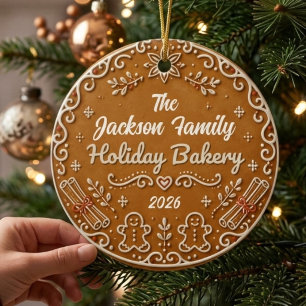 Custom Gingerbread Family Holiday Bakery Ornament, Ceramic Ornament