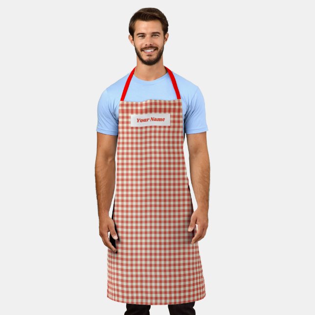 Custom Gingham Tartan Trendy Red Pastel Square Apron (Worn)