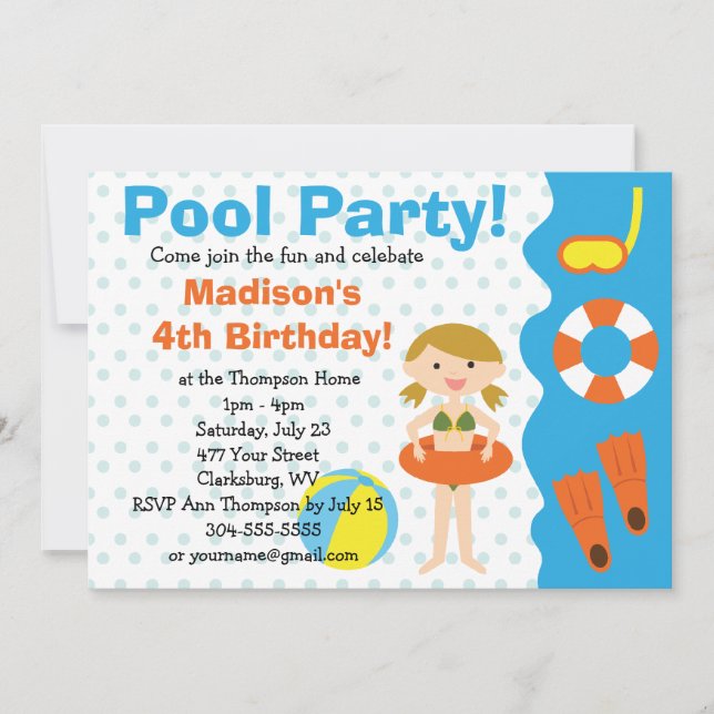 Custom Girl Birthday Pool Party Invitation (Front)