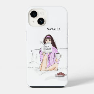 custom, girl drinking coffee, sketch, iPhone 14 case