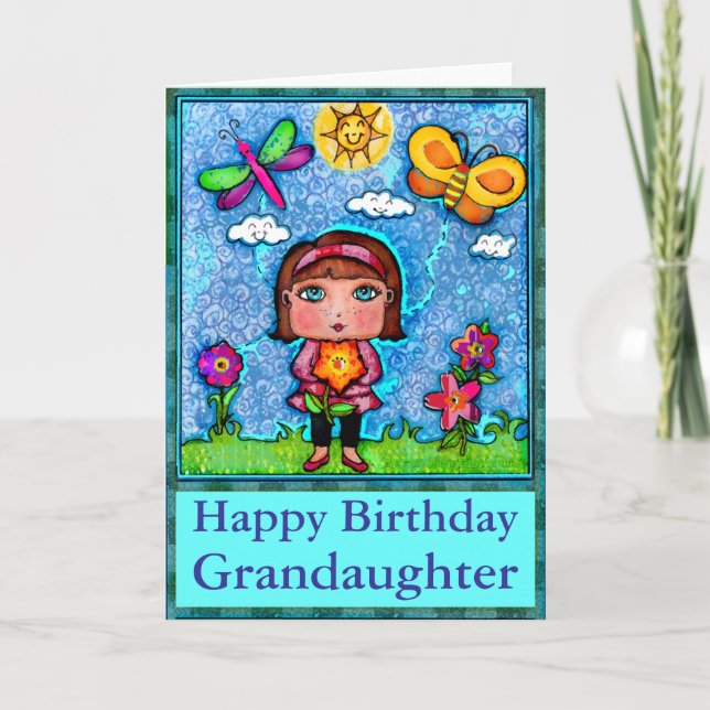 Custom Girl & Flower Art Birthday Greeting Card (Front)