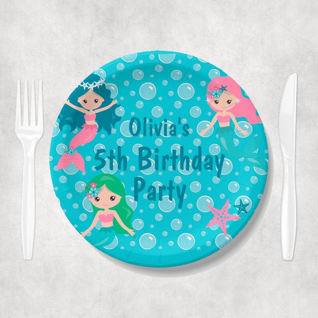 Custom Girl Name Kids Mermaid Birthday Party Paper Plate (Kids Mermaid Birthday Party Personalized Paper Plates
)