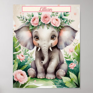Custom Girl Nursery Watercolor Baby Elephant Poster