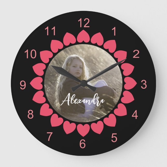 Custom Girl Photo with Peachy Hearts Circle Large Clock (Front)