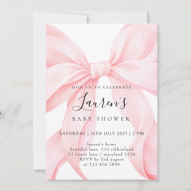 Custom Girl Pink Bow  Invitation (Front)