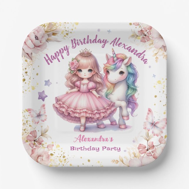 Custom Girl Princess Unicorn Birthday Paper Plates (Front)