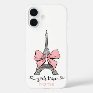 Custom Girl Trip Eiffel Tower & Pink Bow iPhone 16 Case