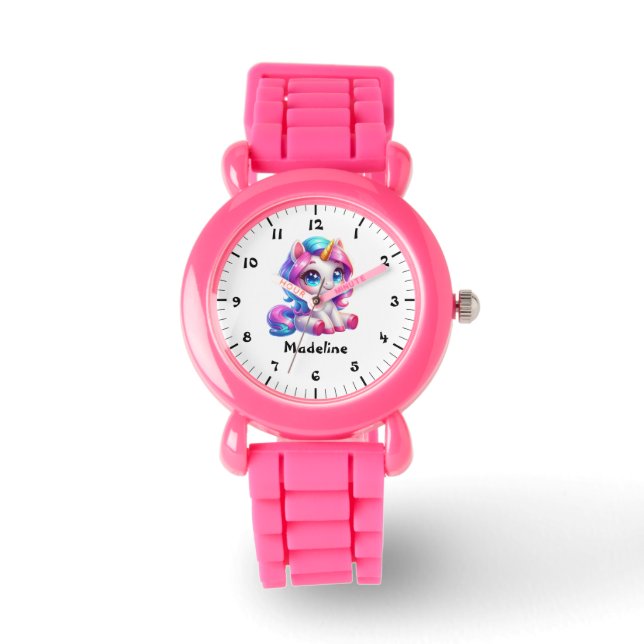 Custom Girls Name Cute Unicorn Kids Personalised Watch (Front)