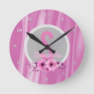 Custom Girls Name Girly Pink Flowers Satin Round Clock