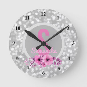 Custom Girls Name Girly Silver Bokeh Pink Flowers Round Clock