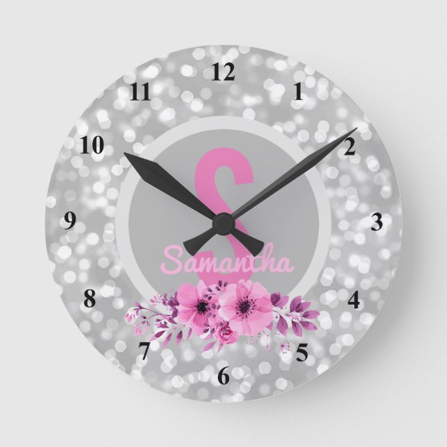 Custom Girls Name Girly Silver Bokeh Pink Flowers Round Clock (Front)