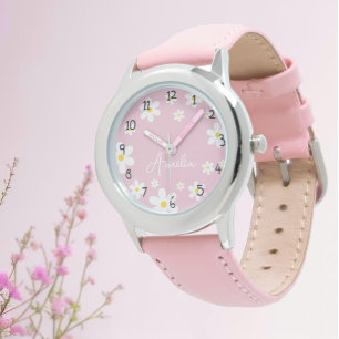 Custom Girls Name Pink Daisy Kids Watch