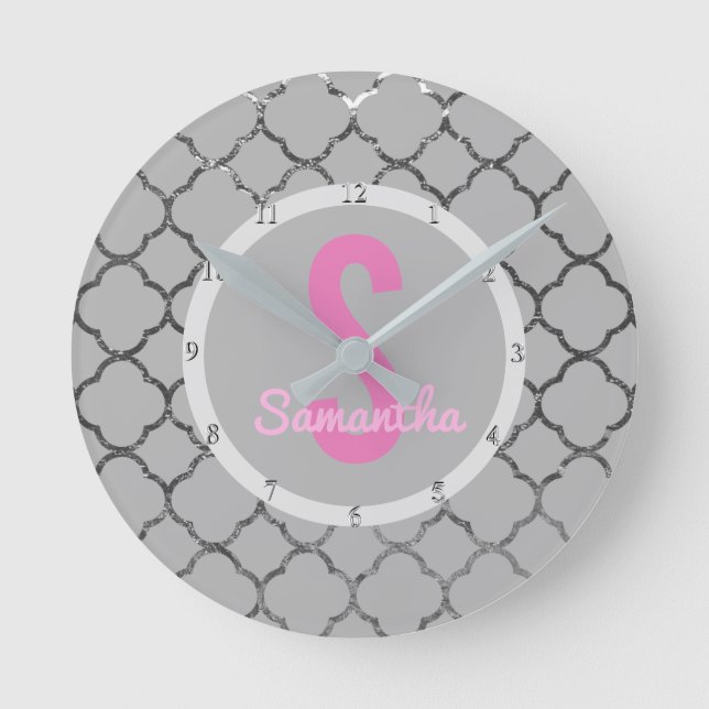 Custom Girls Name Pink Silver Quatrefoil Pattern Round Clock (Front)