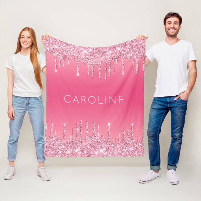 Custom Girl's Name Soft Pink Glitter Dripping Fleece Blanket (In Situ)