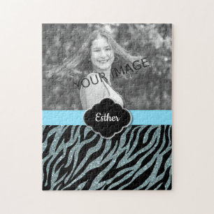 Custom Girly Glitter Silver Teal Photo Template Jigsaw Puzzle