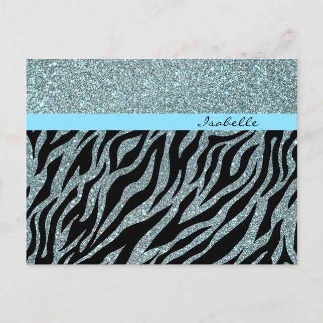 Custom Girly Glitter Silver Teal Zebra Glam Name Postcard (Front)