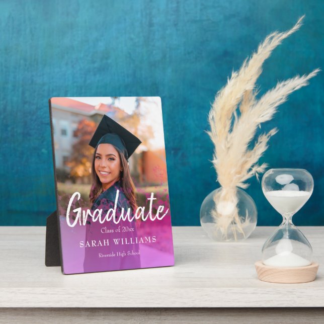 Custom Girly Graduate Photo Script Pink Overlay Plaque (Side)