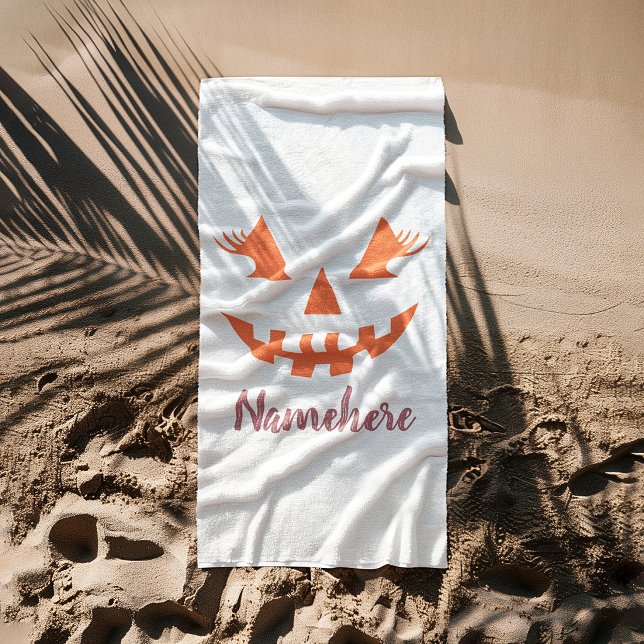 Custom Girly Jack O Lantern Pumpkin Halloween Beach Towel (Creator Uploaded)