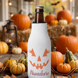 Custom Girly Jack O Lantern Pumpkin Halloween Bottle Cooler