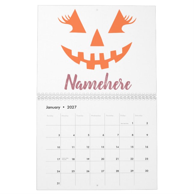 Custom Girly Jack O Lantern Pumpkin Halloween Calendar (Jan 2027)