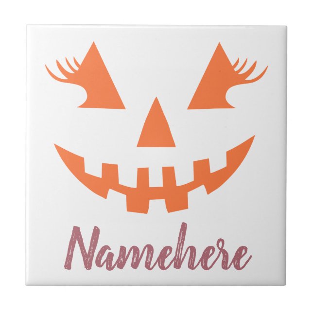 Custom Girly Jack O Lantern Pumpkin Halloween Ceramic Tile (Front)