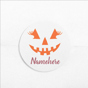 Custom Girly Jack O Lantern Pumpkin Halloween Classic Round Sticker