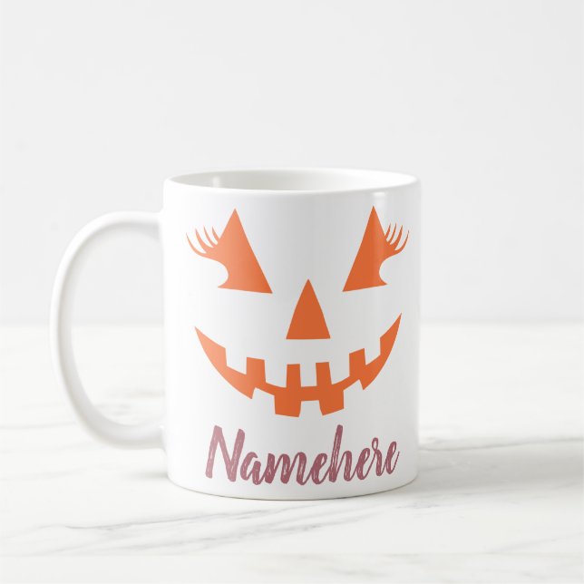 Custom Girly Jack O Lantern Pumpkin Halloween Coffee Mug (Left)