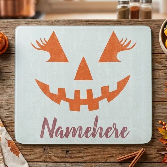 Custom Girly Jack O Lantern Pumpkin Halloween Cutting Board (Creator Uploaded)
