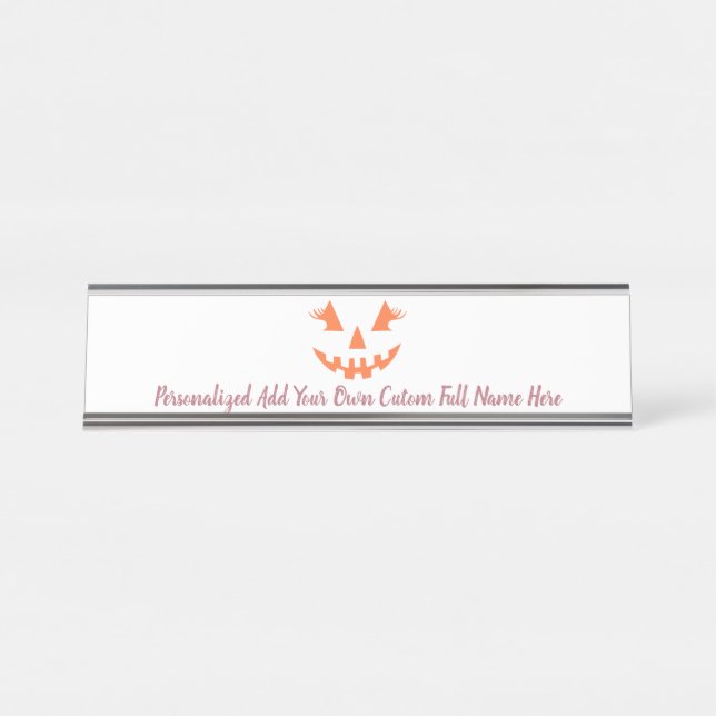 Custom Girly Jack O Lantern Pumpkin Halloween Desk Name Plate (Front)