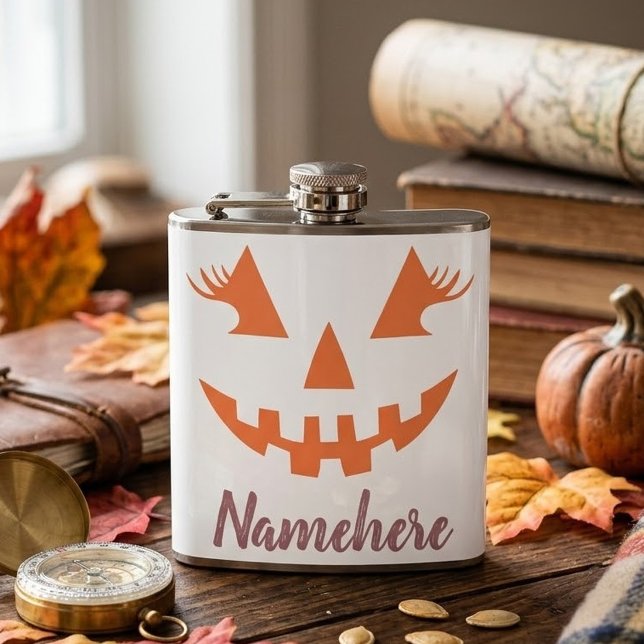 Custom Girly Jack O Lantern Pumpkin Halloween Hip Flask (Creator Uploaded)