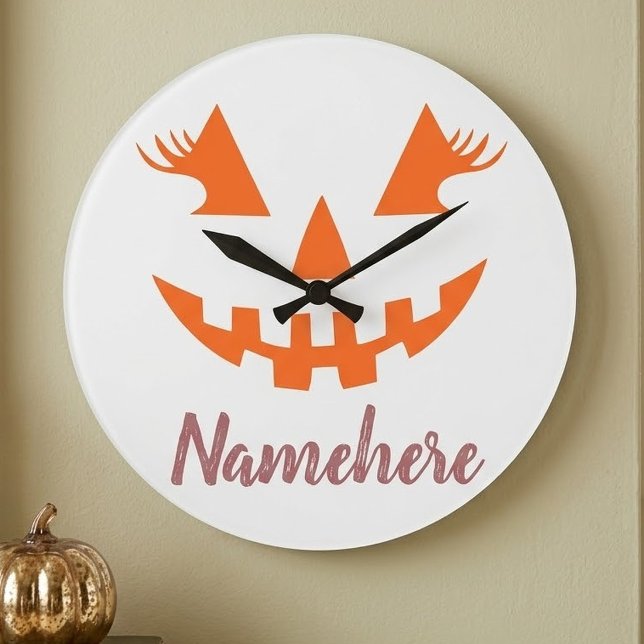 Custom Girly Jack O Lantern Pumpkin Halloween Large Clock (Creator Uploaded)
