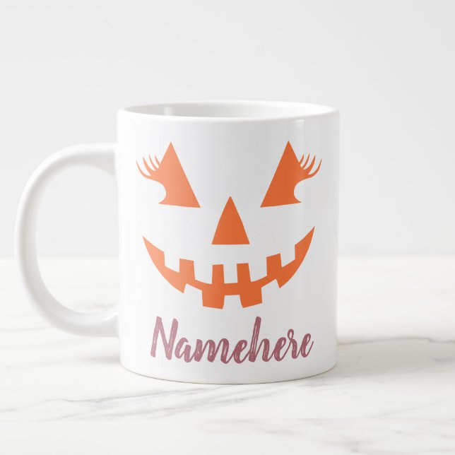 Custom Girly Jack O Lantern Pumpkin Halloween Large Coffee Mug (Left)