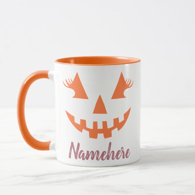Custom Girly Jack O Lantern Pumpkin Halloween Mug (Left)