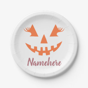 Custom Girly Jack O Lantern Pumpkin Halloween Paper Plate