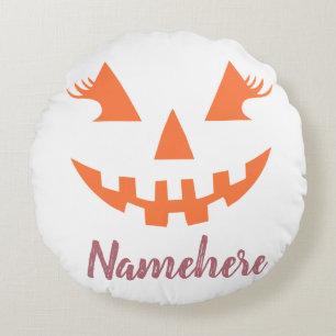 Custom Girly Jack O Lantern Pumpkin Halloween Round Cushion