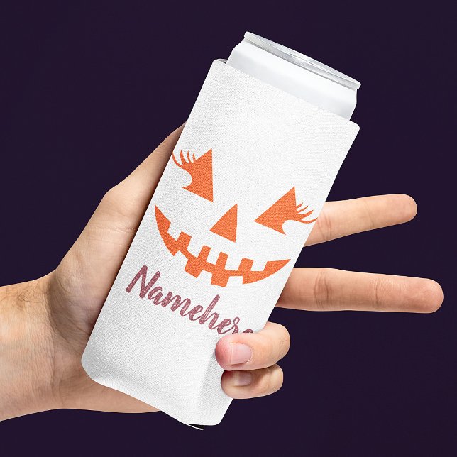 Custom Girly Jack O Lantern Pumpkin Halloween Seltzer Can Cooler (Creator Uploaded)