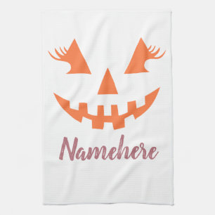 Custom Girly Jack O Lantern Pumpkin Halloween Tea Towel