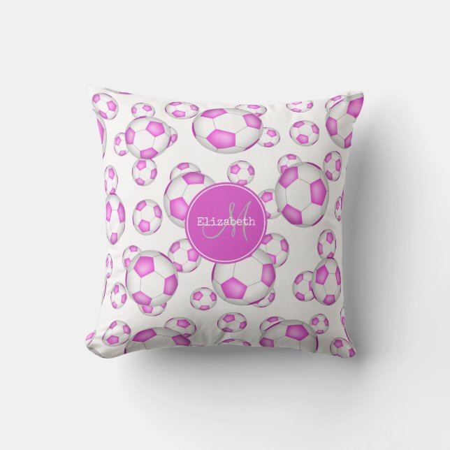 custom girly pink and white soccer balls pattern cushion (Front)