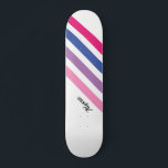 Custom Girly Pink Striped Skateboard<br><div class="desc">This girly skateboard is decorated with bold stripes of pink,  purple,  blue and white with black typography.
Customise it by changing the name or making it into a monogram instead.</div>