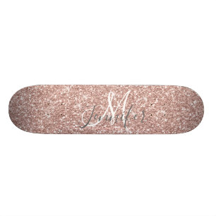 Custom Girly Rose Gold Glitter Monogram Name Skateboard